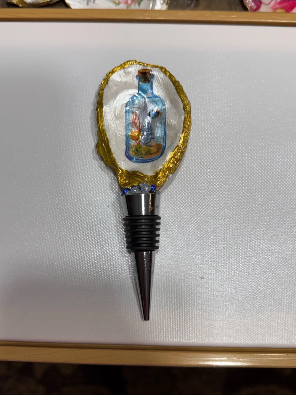 Gold-Trim Bottle Stopper with Blue Bottle Art —Handmade by Me